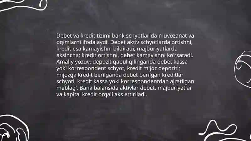 Buxgalteriya hisobi schyotlariga 2 yoqlama yozuv. Bank balansi va uning tuzilishi 4