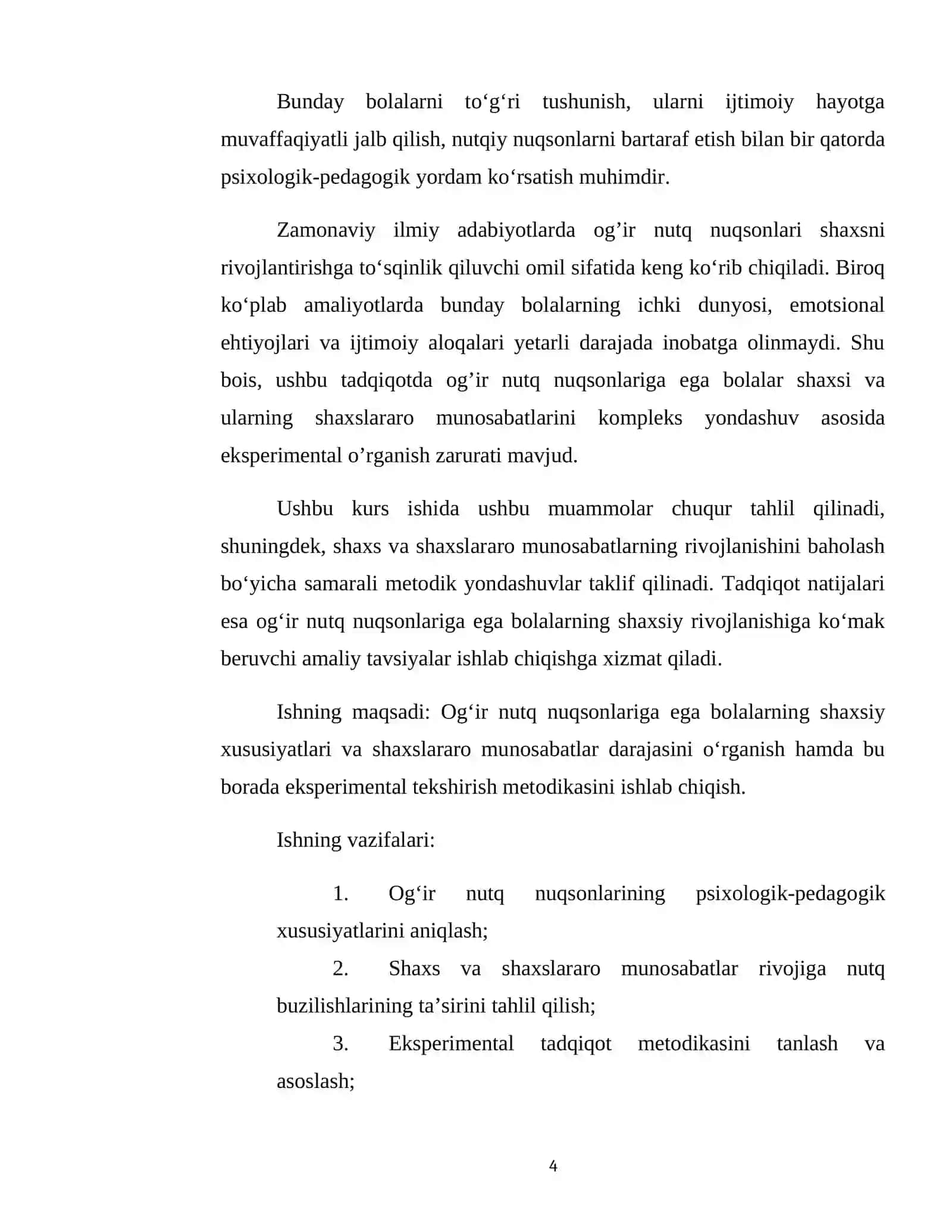 «Ogʻir nutq nuqsonlarida shaxs va shaxslararo munosabatni eksperimental tekshirish metodikasi » mavzusida KURS ISHI 4