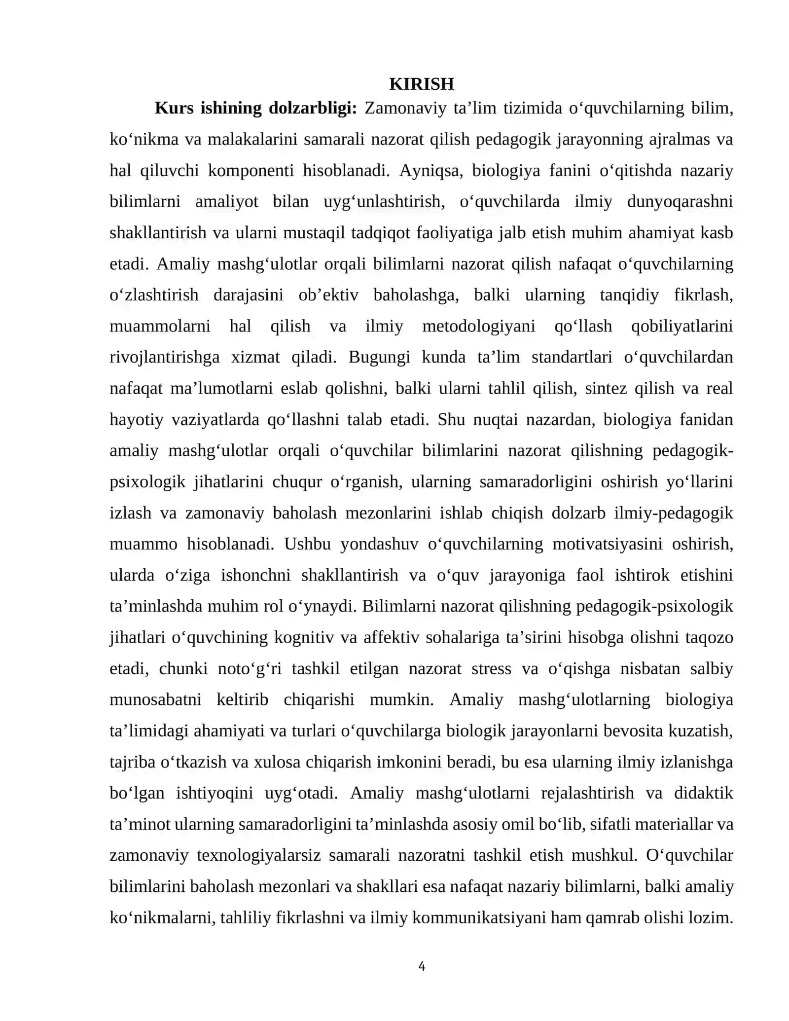 BIOLOGIYA FANIDAN AMALIY MASHG‘ULOTLAR ORQALI O‘QUVCHILAR BILIMLARINI NAZORAT QILISH KURS ISHI 4