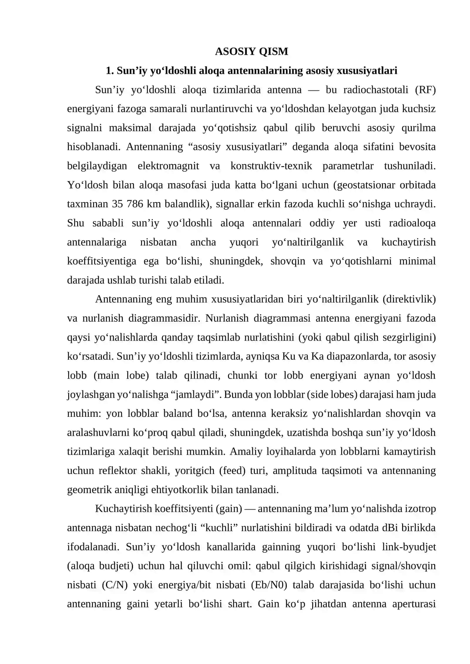 Sunʼiy yoʻldoshli aloqa antennalarning asosiy xususiyatlari. Antennalar turlari. 4