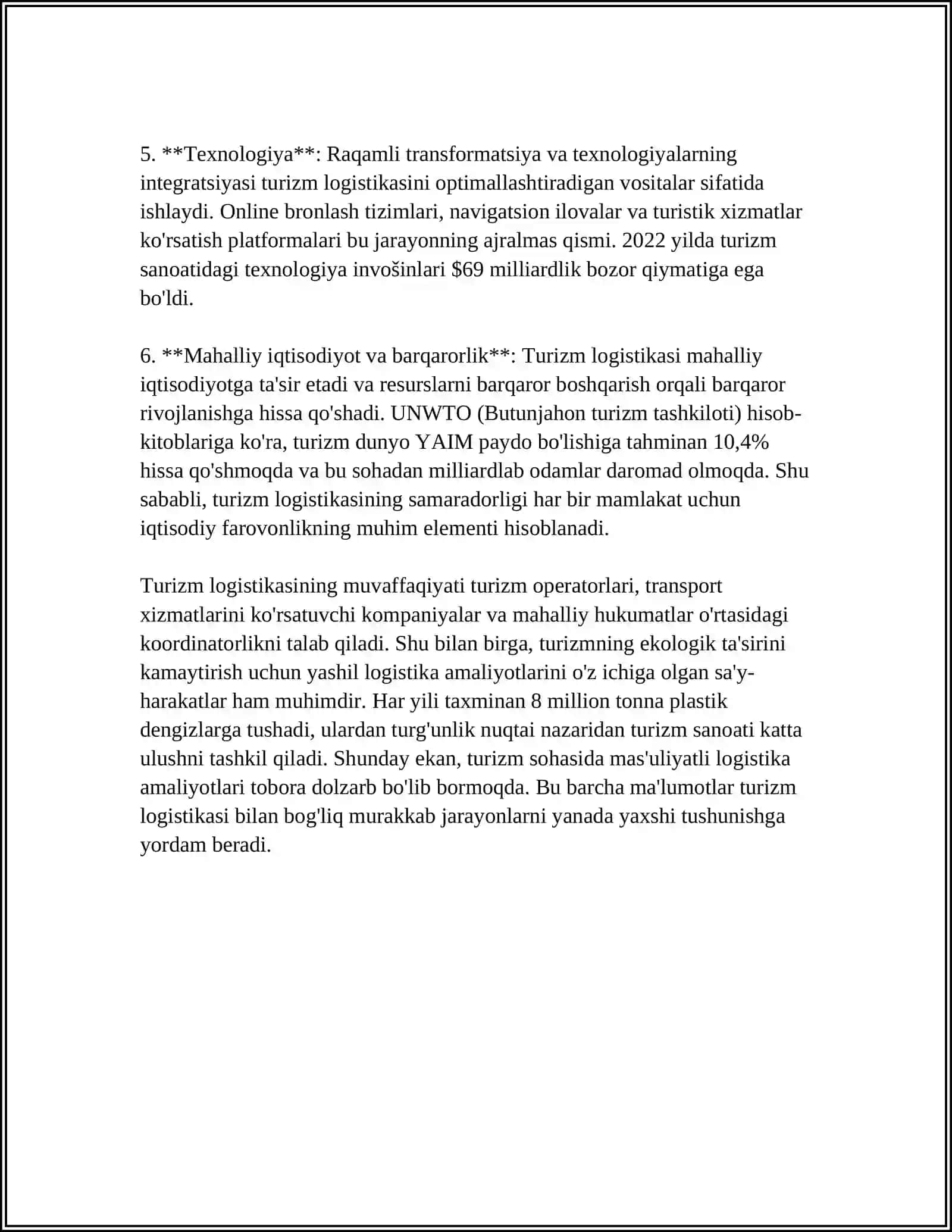 TURIZM BIZNESIDA LOGISTIKA XUSUSIYATLARI VA TAMOYILLARI 4