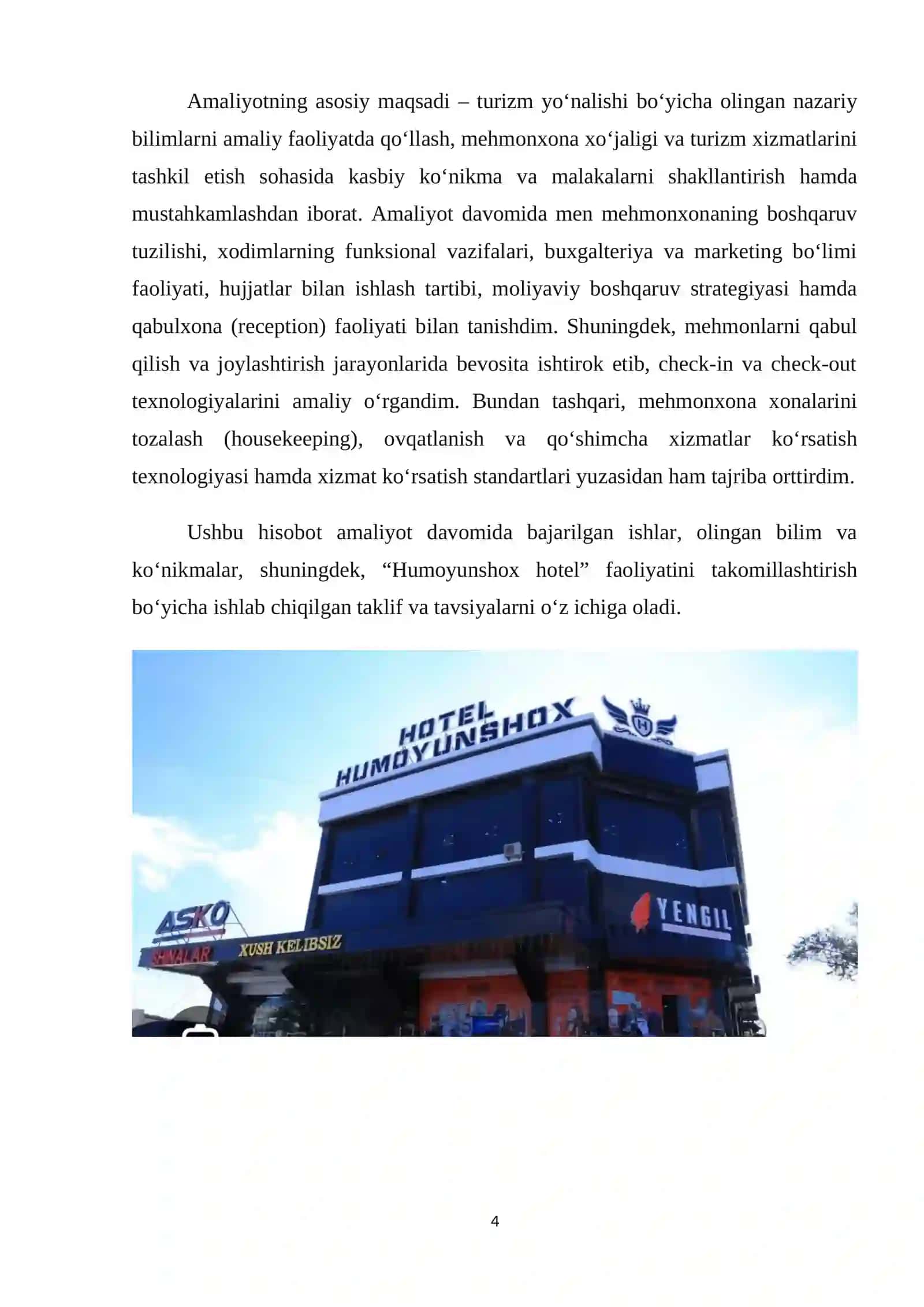 “Humoyunshox hotel” mehmonxonasida o‘tgan ishlab chiqarish amaliyoti 4