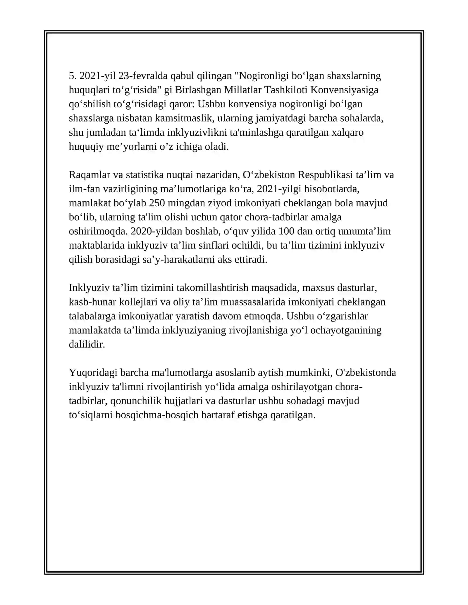 OʻZBEKISTON RESPUBLIKASIDA INKLYUZIV TAʼLIMNI QOʻLLAB QUVVATLASHNING XUQUQIY ASOSLARI VA AMALIY TAJRIBALARI. 4