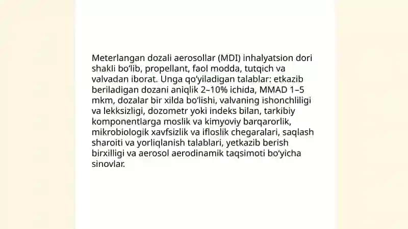 Ingalyatsion usulda yuboriladigan dori shakllari va ularga qoʻyiladigan talablar 4