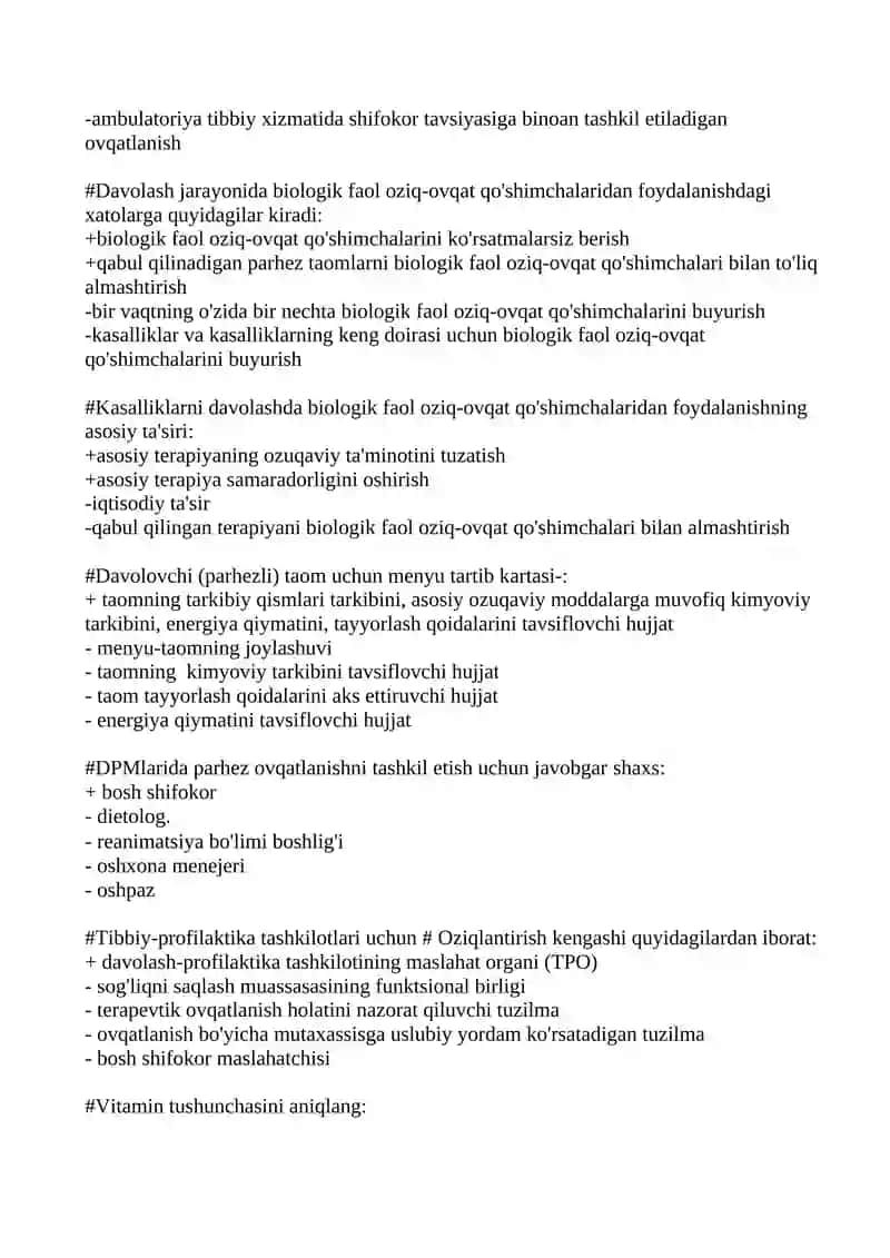 DPM bemorlarning ovqatlantirish sifatiga kim javobgar 4
