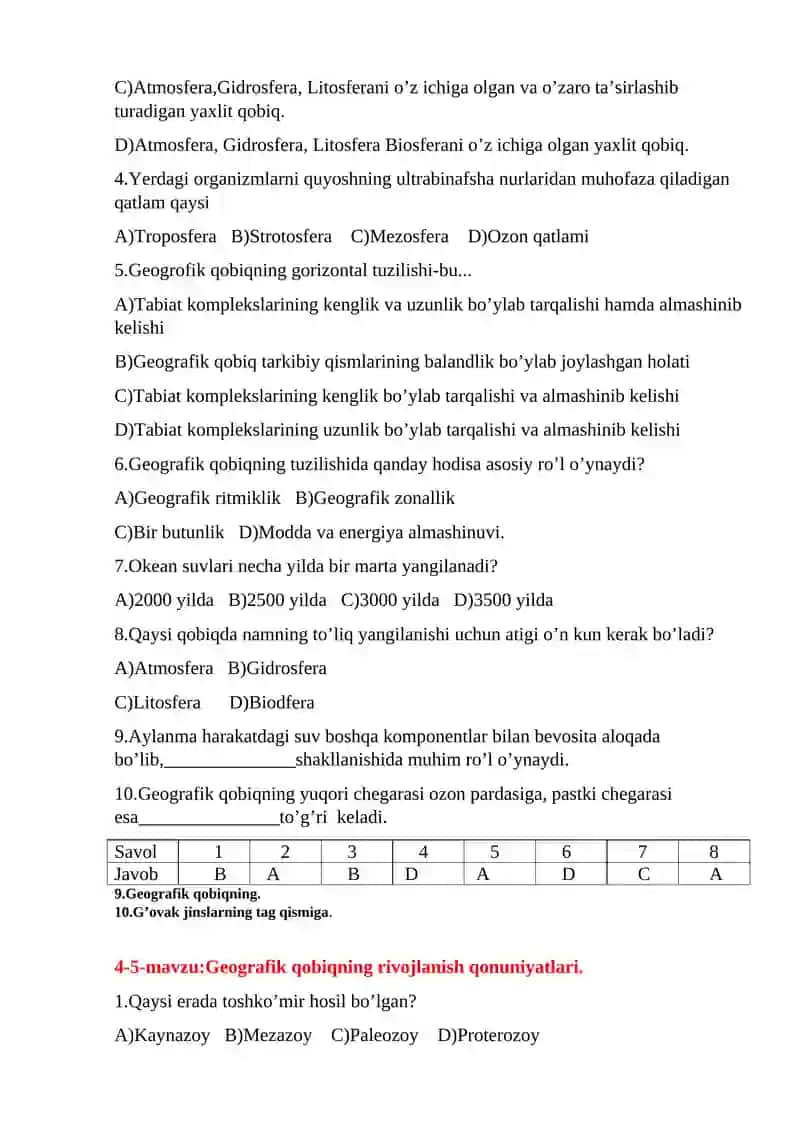 Materik va okeanlar tabiiy geografiyasidan test savollari 4
