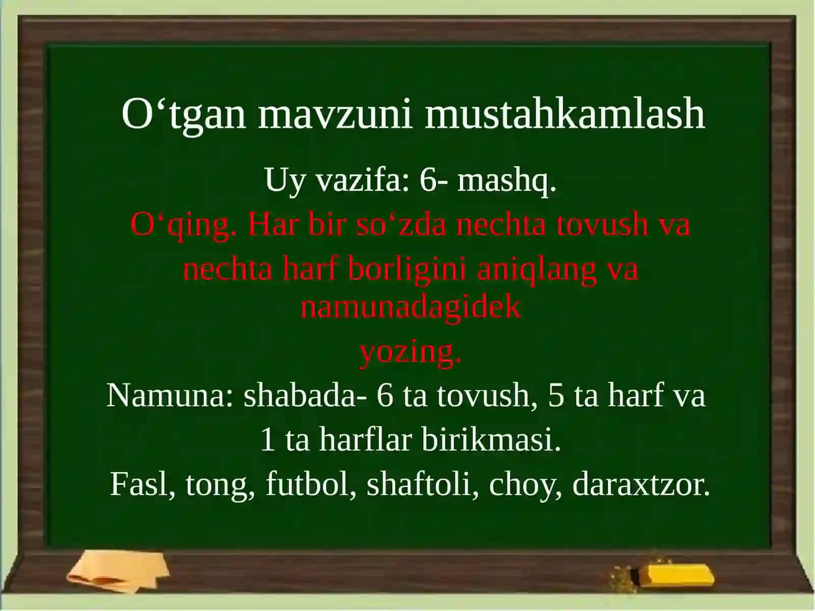 So‘zlardagitovushlar va harflar munosabati( 7-9-mashqlar) 4