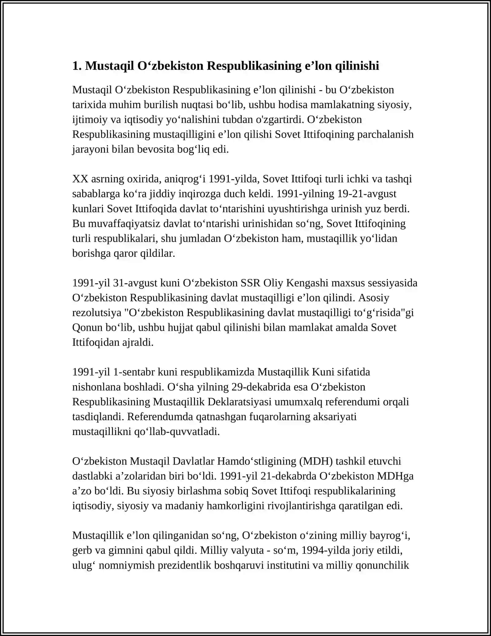 MUSTAQIL O’ZBEKISTON RESPUBLIKASINING TASHKIL TOPISHI VA UNING TARIXIY AXAMIYATI 4