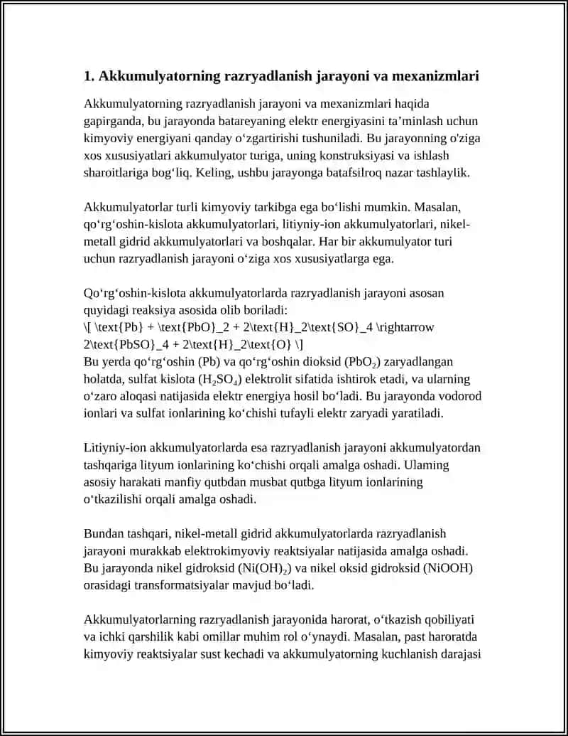 13. AKKUMULYATORNING RAZRYADLANISH, ZARYADLANISH VA VOLT-AMPER TAVSIFNOMALARI. GENERATOR VA AKKUMULYATORLAR BATAREYASINING BIRGALIKDA ISHLASHI 4