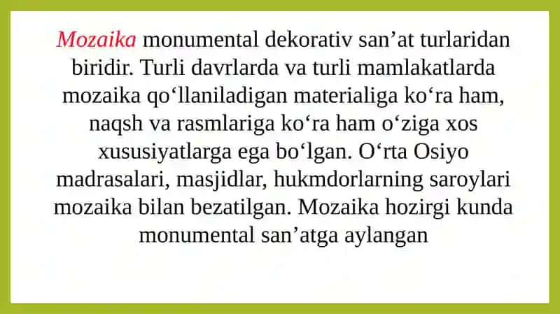 Mozaika darslarini tashkil etish metodikasi. Turli xil materiallardan amaliy darslarni tashkil etish metodikasi. 4