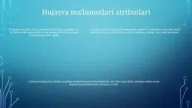 Excel 2016Da Yacheykalar, Atributlari (Yacheyka, Adres, Format Yacheyki Buyrug’I, Diapazon) 4