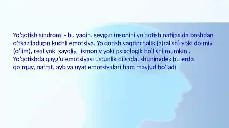 YO’QOTISH SINDROMINIBOShIDANKECHIRGAN BOLALAR BILAN IJTIMOIY PSIXOLOGIK ISHLASH 4