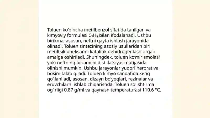 Yuvish vositalarini ishlab chiqarishda foydalaniladigan turli aromatik uglevodorodlarni ishlab chiqarish 4
