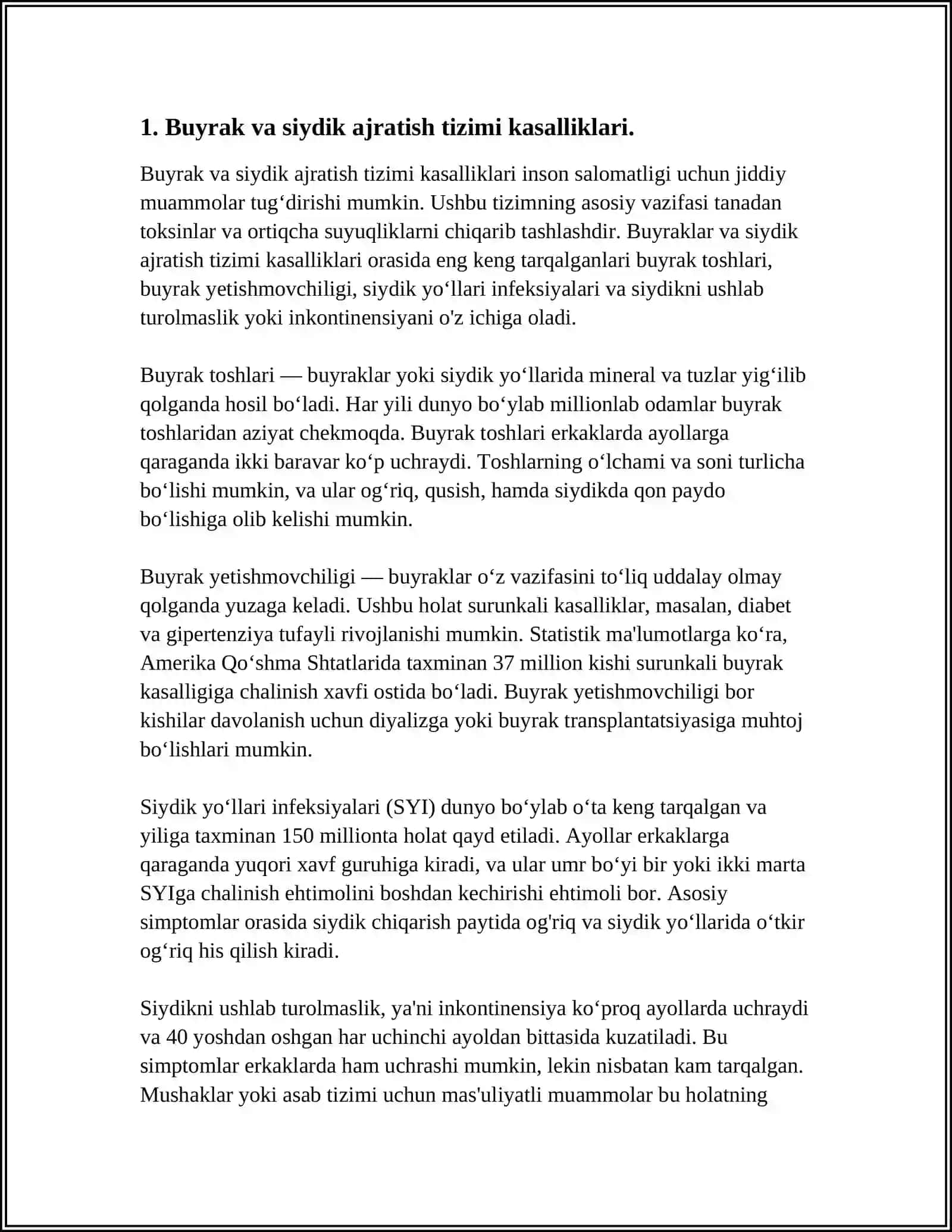 BUYRAK VA SIYDIK AJRATUV YO'LARI KASALLIKLARI BILAN KASALLANGAN BEMORLARNI PARVARISHI VA ULARNING NAZORATI 4