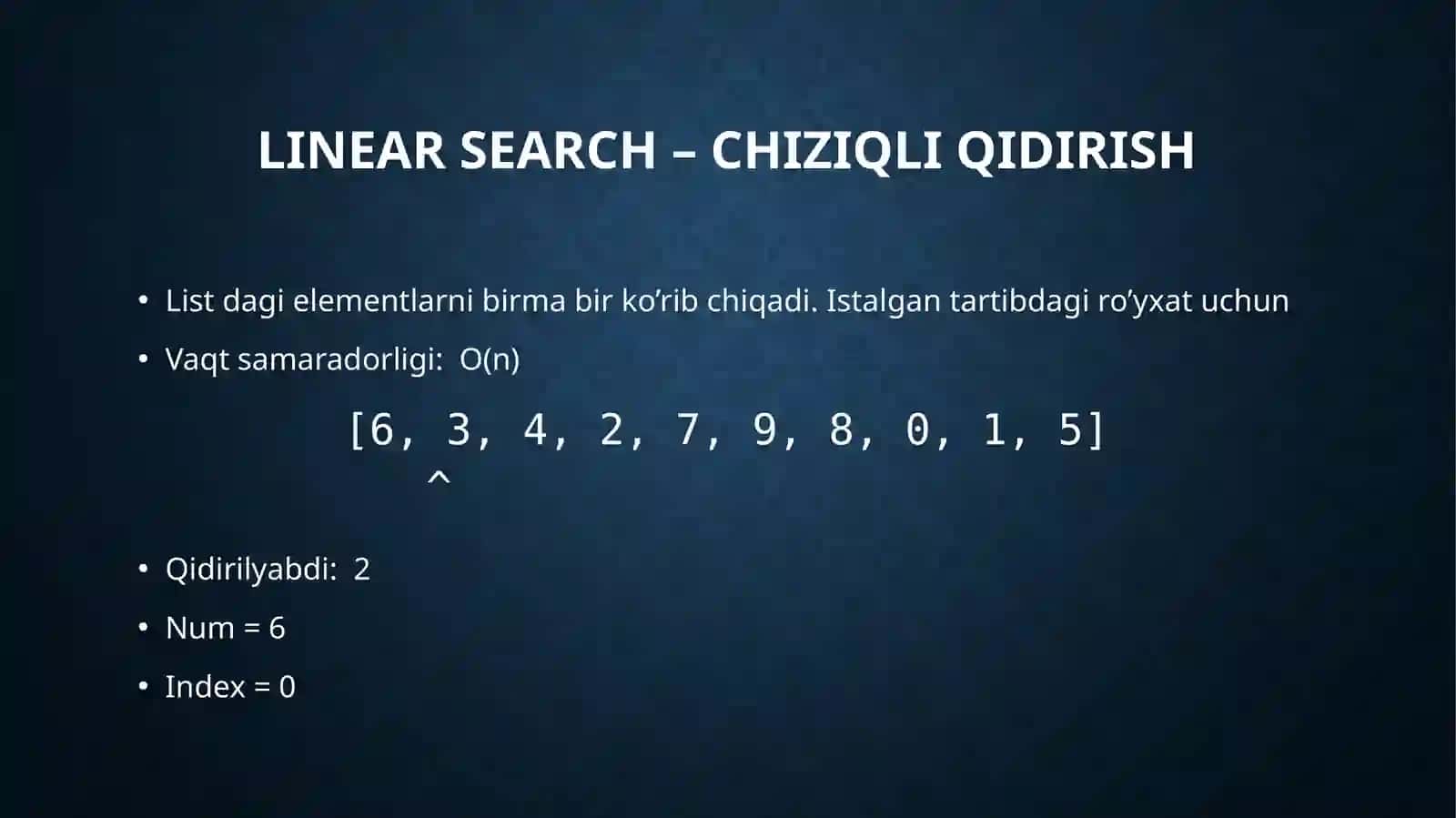 Qidiruv usullarini tadqiq qilish | Chiziqli va ikkilik qidirish | Linear va Binary search 4