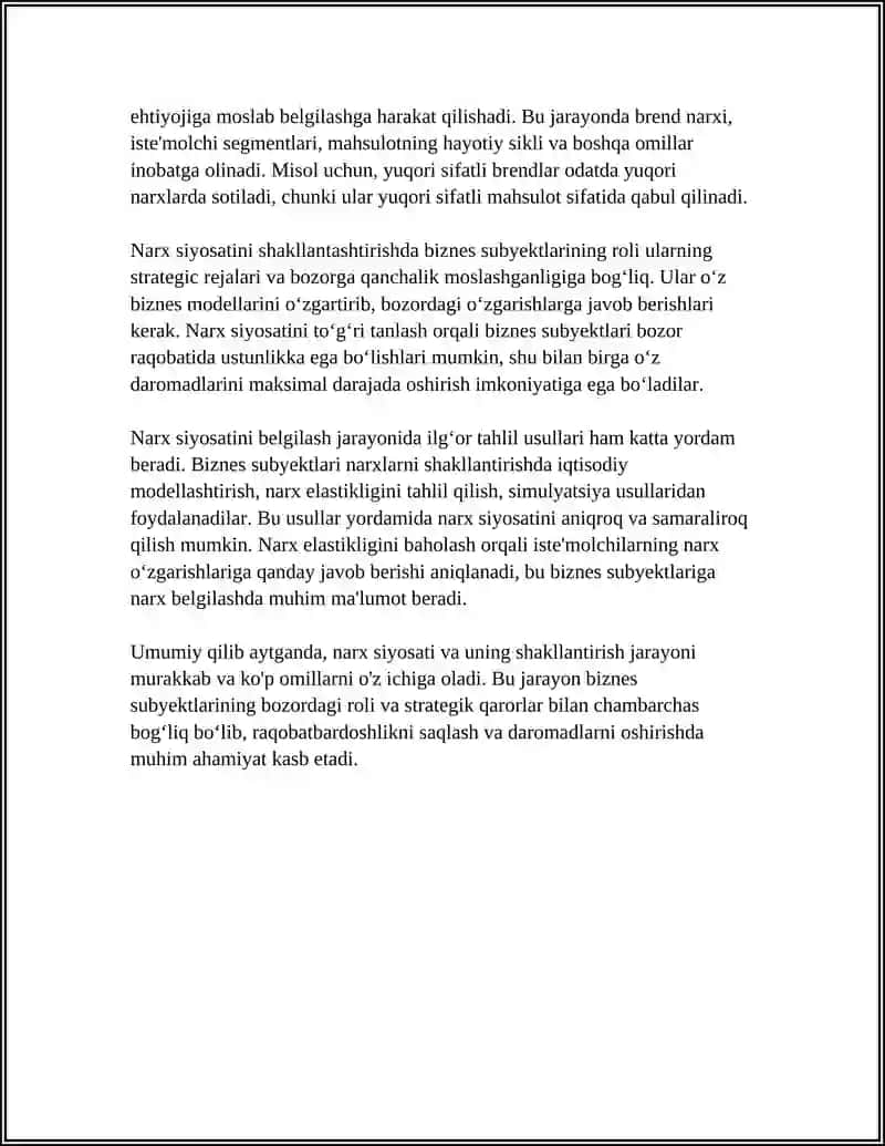 BIZNESDA SUBYEKTLARNING NARX SIYOSOTIDA NARXLARNING YUZAGA KELISHI VA AHAMIYOTI 4