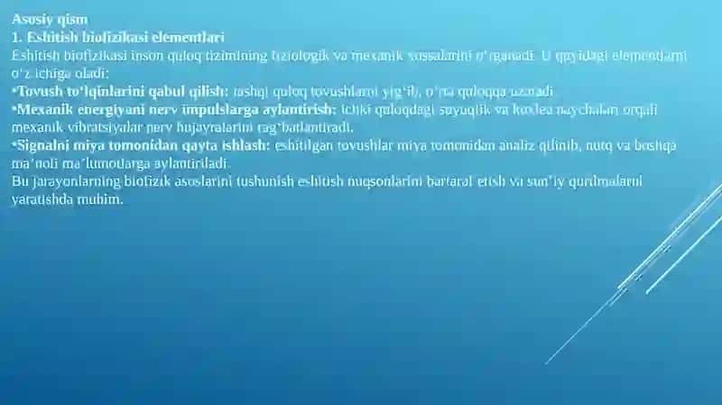 Eshitish biofizikasi elementlari. Koxlear implantatsiya asoslari. Radioto'lqinli jarrohlik. Litotripsiya. 4