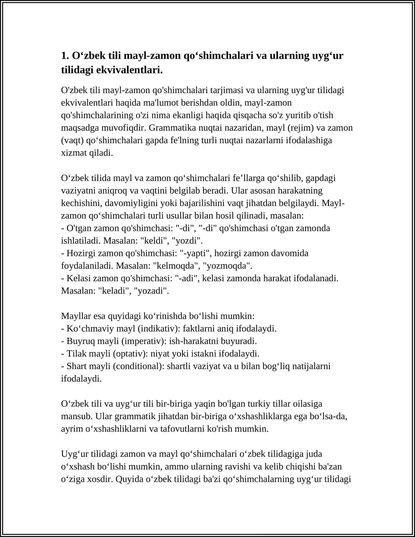 OZBEK TILIDAGI MAYL-ZAMON QOSHIMCHALARINING UYGUR / TURKMAN / QORAQLPOQ, QOZOQ / QIRG`IZ MATNLARIDA MUVOFIQLARI 4