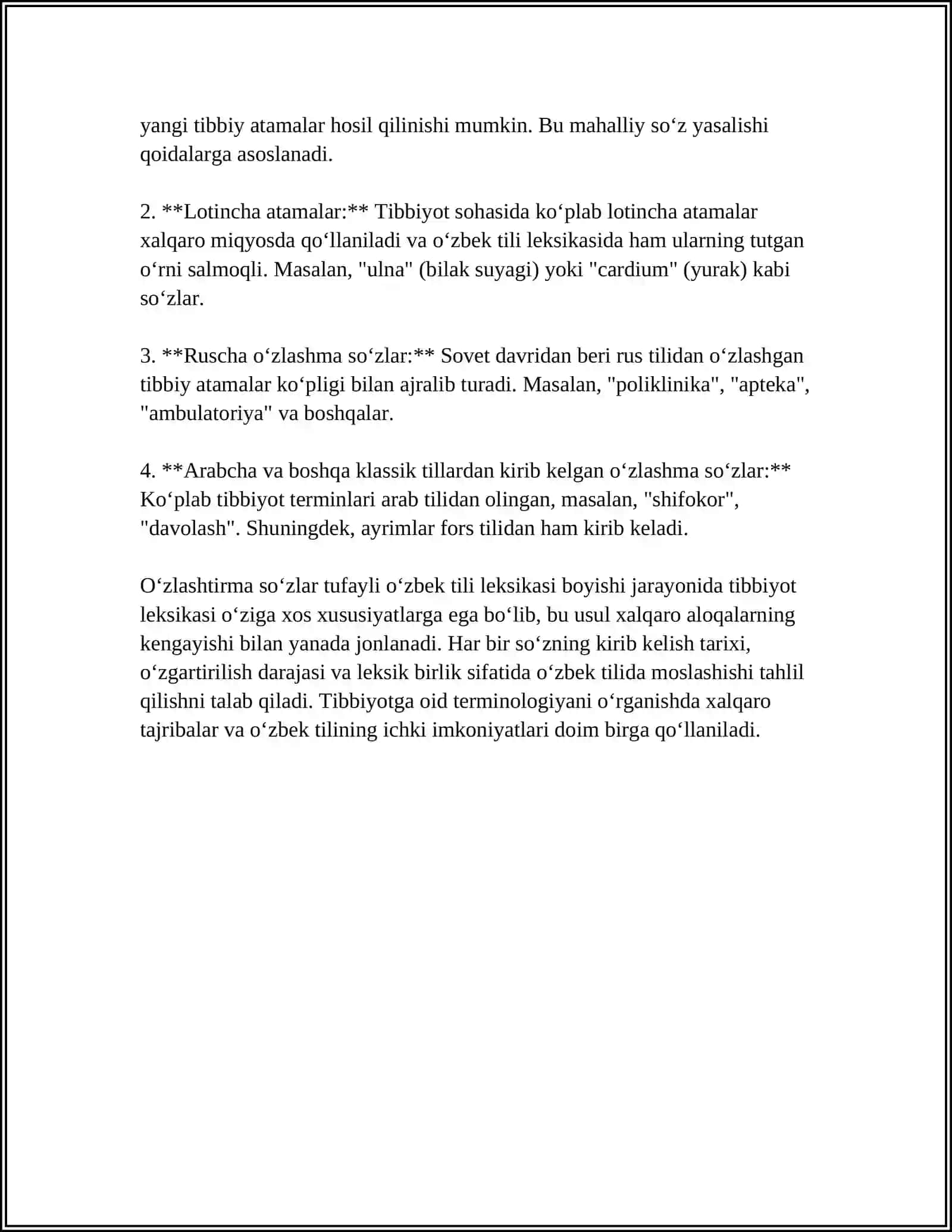OʻZBEK TILI LEKSIKASINING BOYISH MANBALARI. TIBBIYYOTGA XOS OʻZ VA OZLASHGAN SOʻZLAR TASNIFI 4