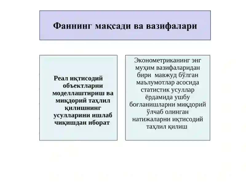 Эконометрика фанининг мақсади, вазифаси, объекти ва предмети. 4