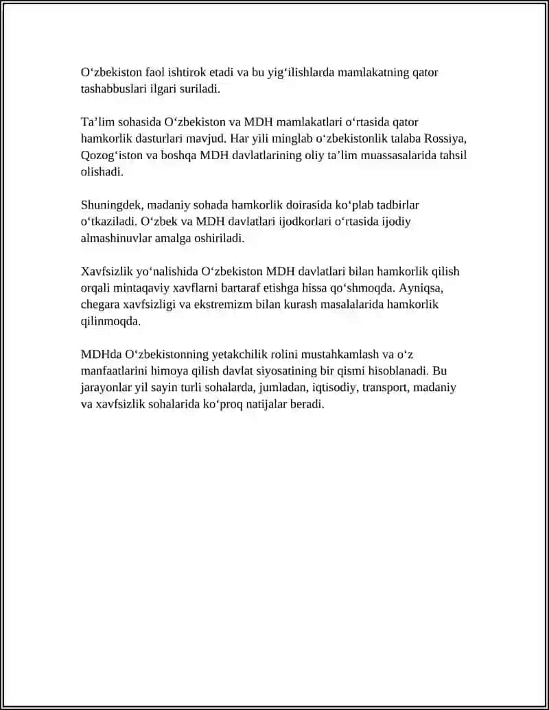 ÔZBEKISTON MUSTAQIL DAVLATLAR HAMDÕSTLIGI VA MARKAZIY OSIYO DAVLATLARI BILAMN HAMKORLIGI 4