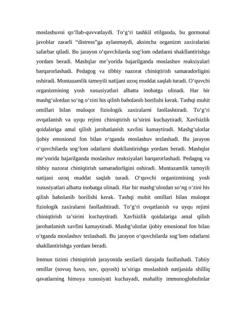 JISMONIY MADANIYAT MASHG‘ULOTLARI JARAYONIDA O‘QUVCHILARNI CHINIQTIRISHNING FIZIOLOGIK ASOSLARIZ 4