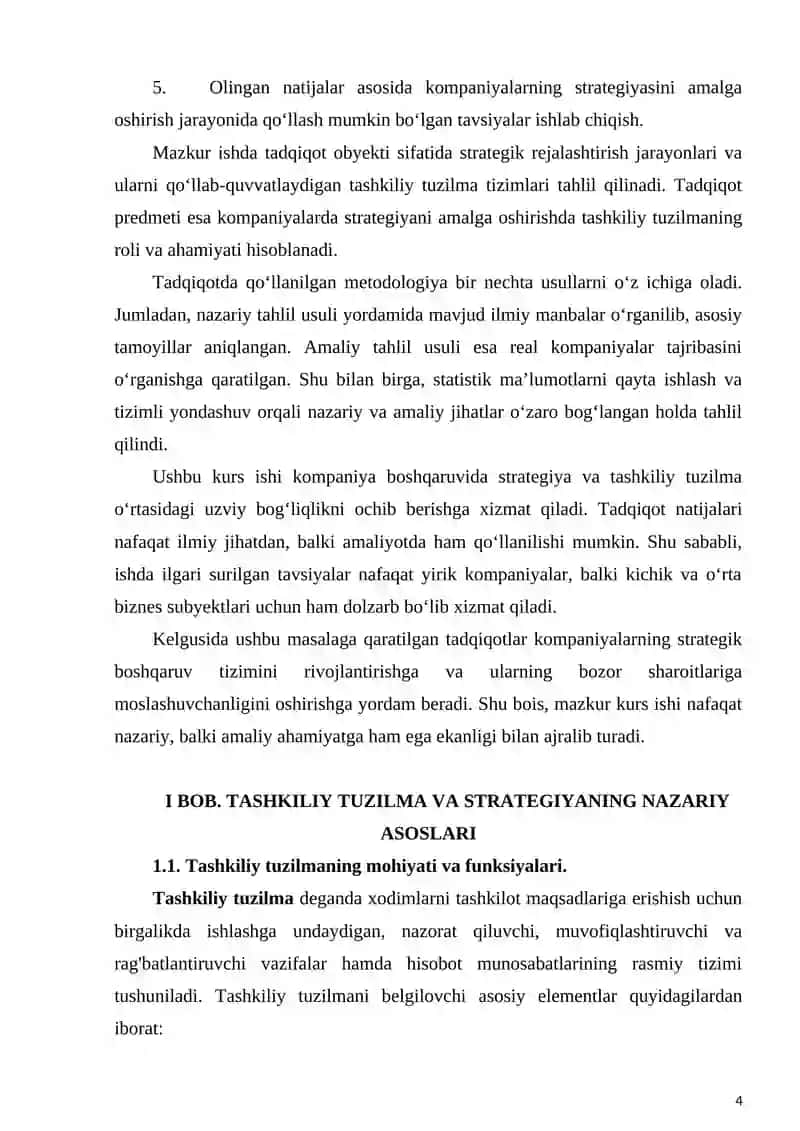 "KOMPANIYA STRATEGIYASINI AMALGA OSHISHIR NUTQAI NAZARIDAN TASHKILIY TUZULMANI TAHLIL QILISH" MAVZUSIDAGI KURS ISHI 4
