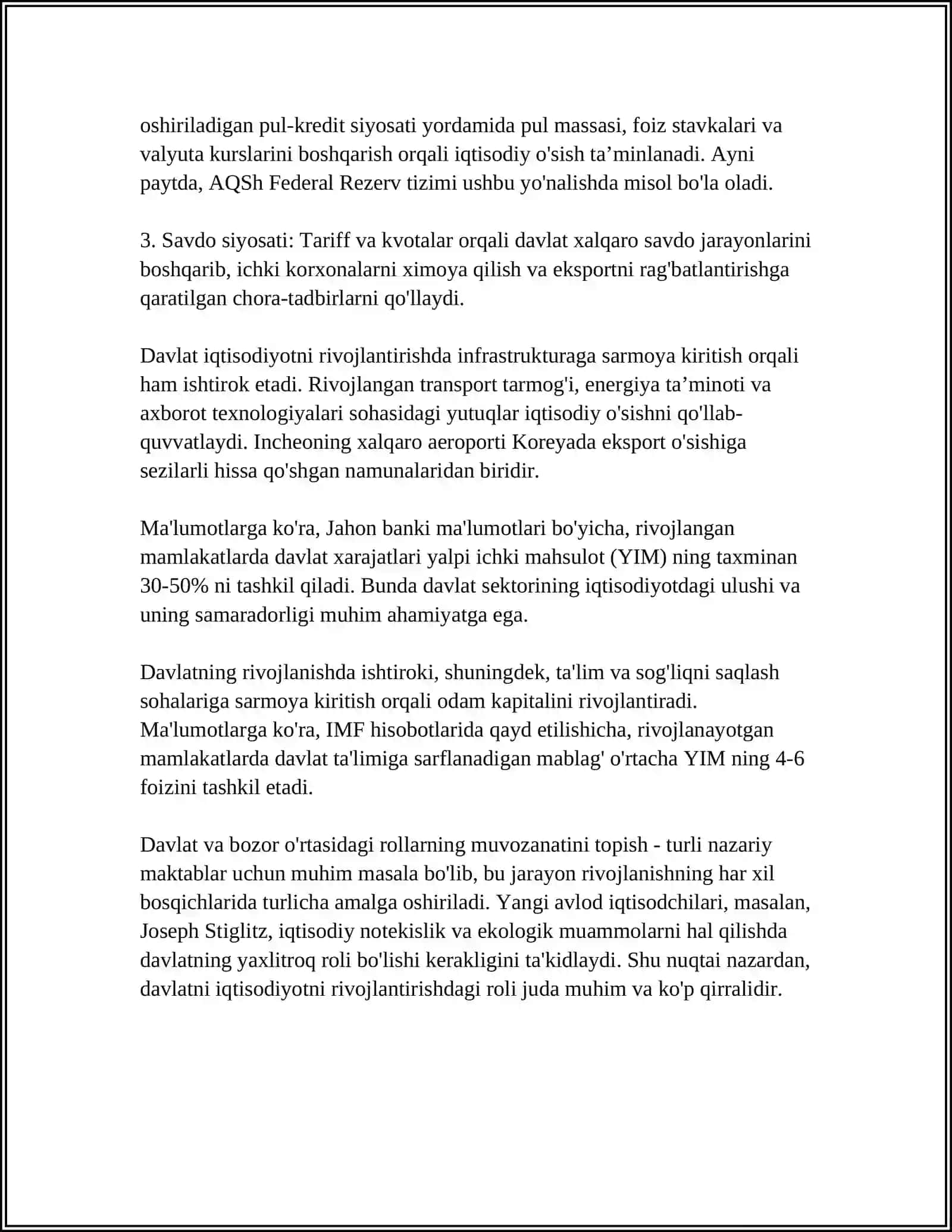 O'ZBEKISTONDA IQTISODIYOTNI RIVOJLANTIRISHDA DAVLATNING ROLI NIMALARDAN IBORAT 4