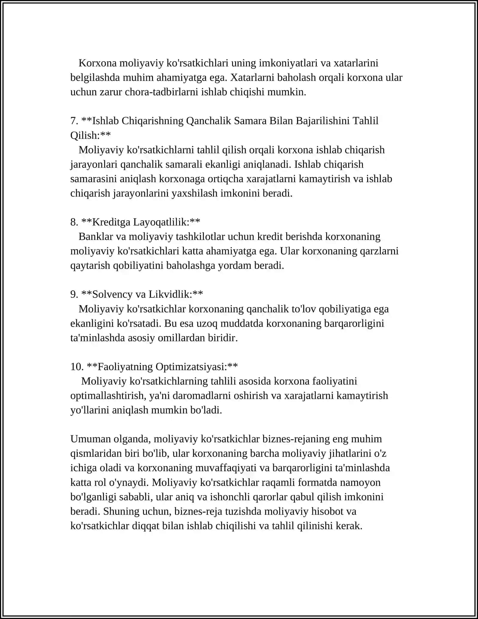 BIZNES-REJA TUZISHDA MOLIYAVIY KO‘RSATKICHLARNING AHAMIYATI 4