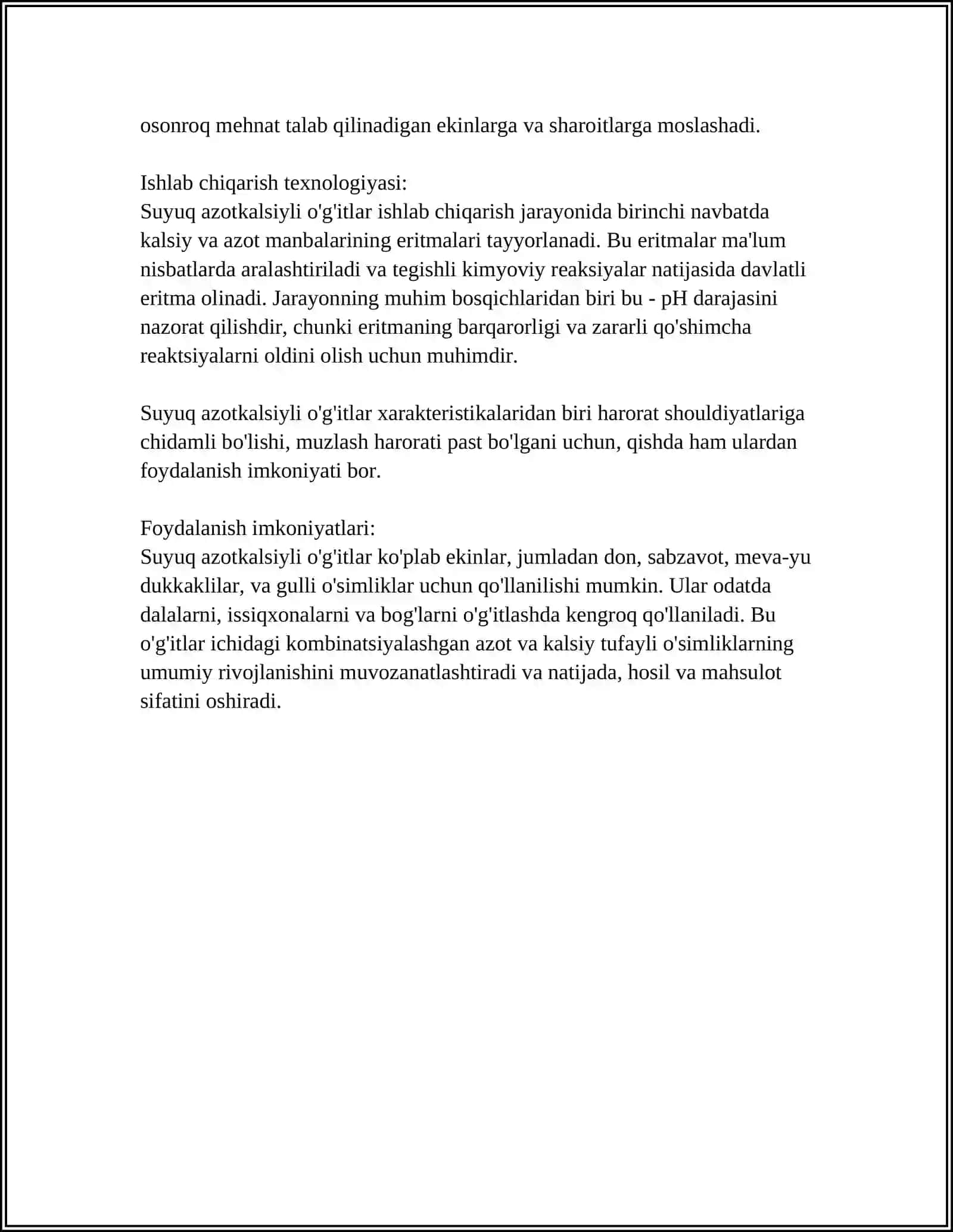 SUYUQ AZOTKALSIYLI O'G'IT ISHLAB CHIQARISH TEXNOLOGIYASI 4