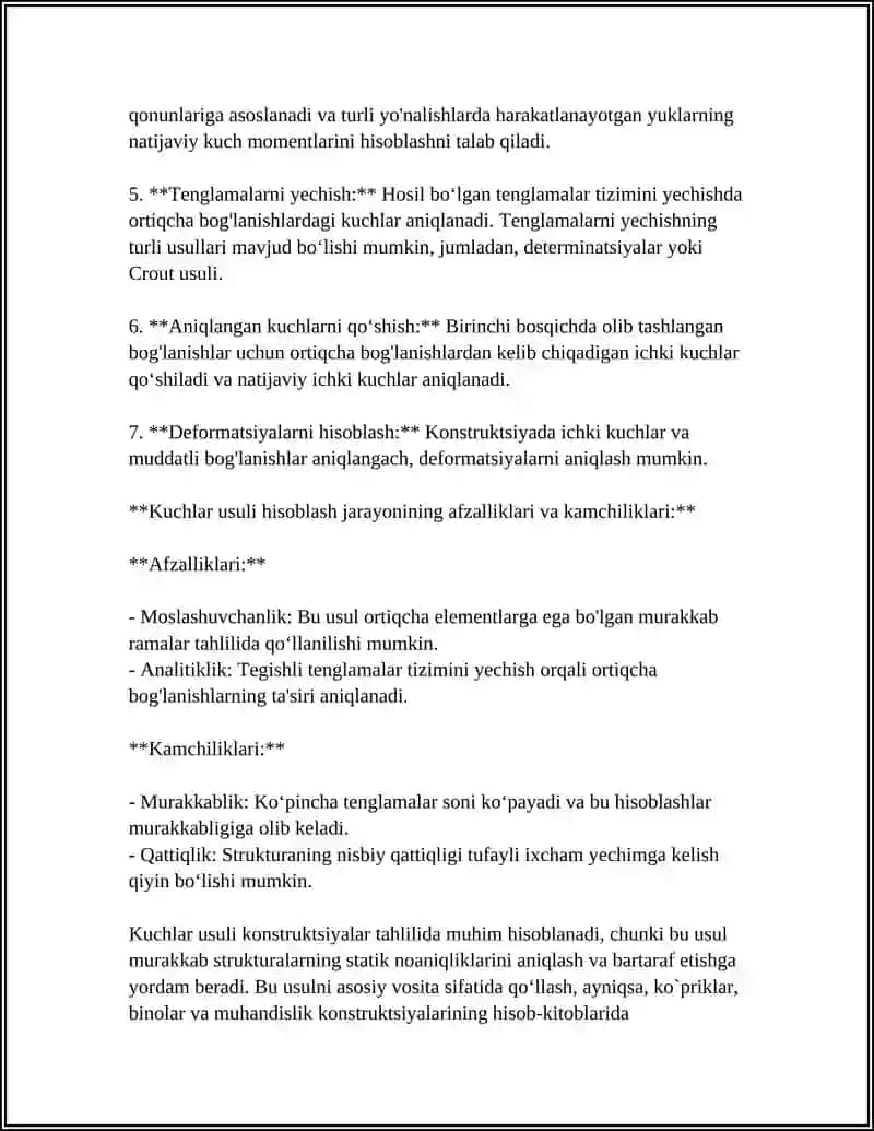 STATIK NOANIQ RAMALARNI KUCHLAR USULIDA USTIVORLIKKA HISOBLASH 4