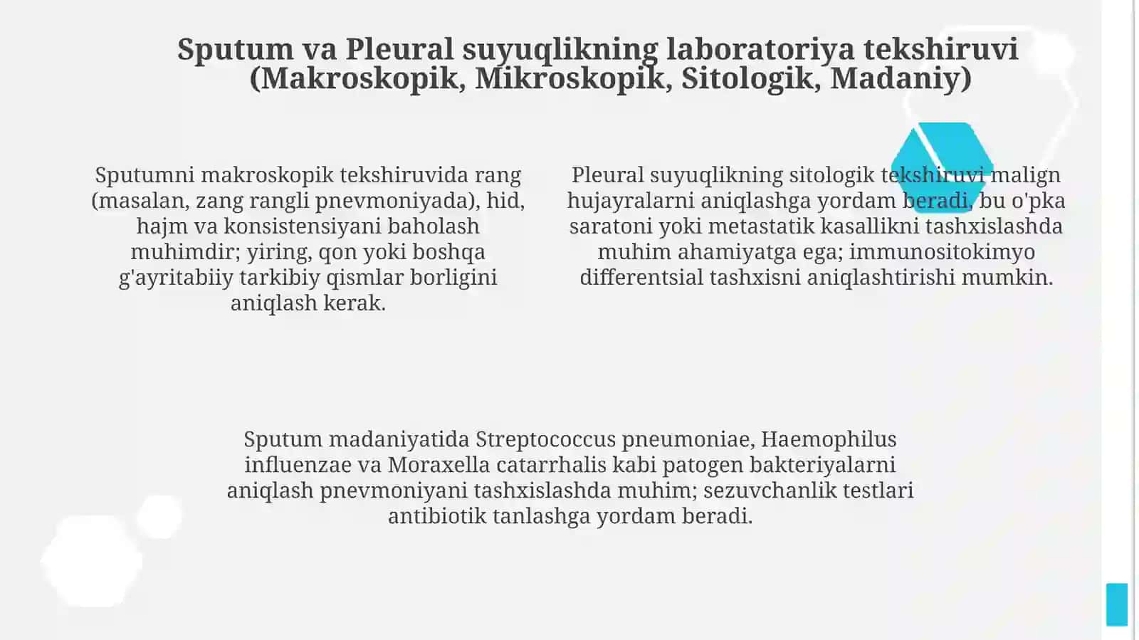 Nafas a'zolar kasaliklarida balgʻam va plevra suyuqligi laboratoriya tekshiruvi inpertratsiyasi 4