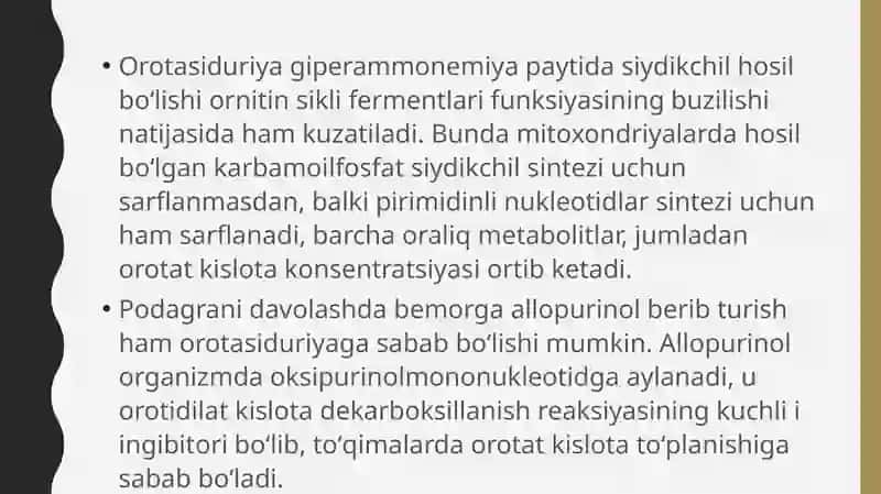 Orotasiduriya, uning sabablari va uridin bilan davolash mexanizmi. 4
