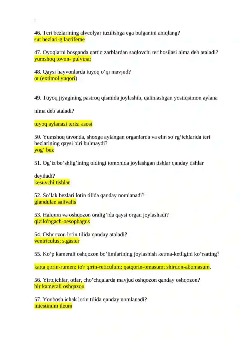 Hayvonlar anatomiyasi fanidan testlar savollari 4