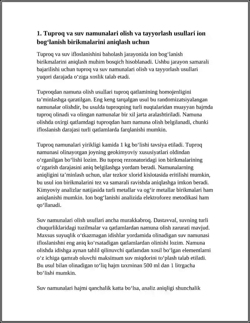 TUPROQ VA SUVNING IFLOSLANISHIDA ION BOGʻLANISH BIRIKMALARINI ANIQLAB ULARDAN TOZALASH USULINI ISHLAB CHIQISH 4