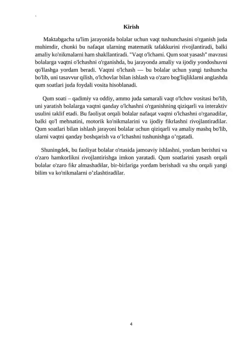 Vaqt oʼlchami. Qum soat yasash. (tayyorlov guruh) Qurish-yasash va matematika markazi 4