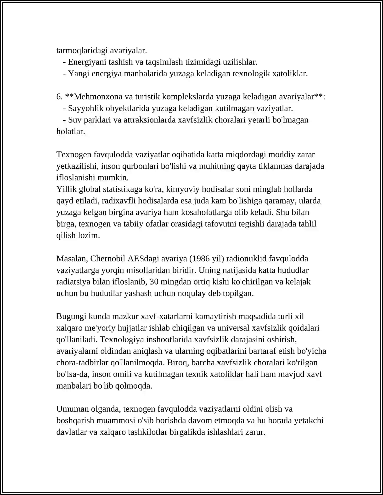 MUSTAQIL ISH: TEXNOGEN TUSDAGI FAVQULODDA VAZIYATLAR VA ULARDAN HIMOYALANISH CHORA TADBIRLARI 4