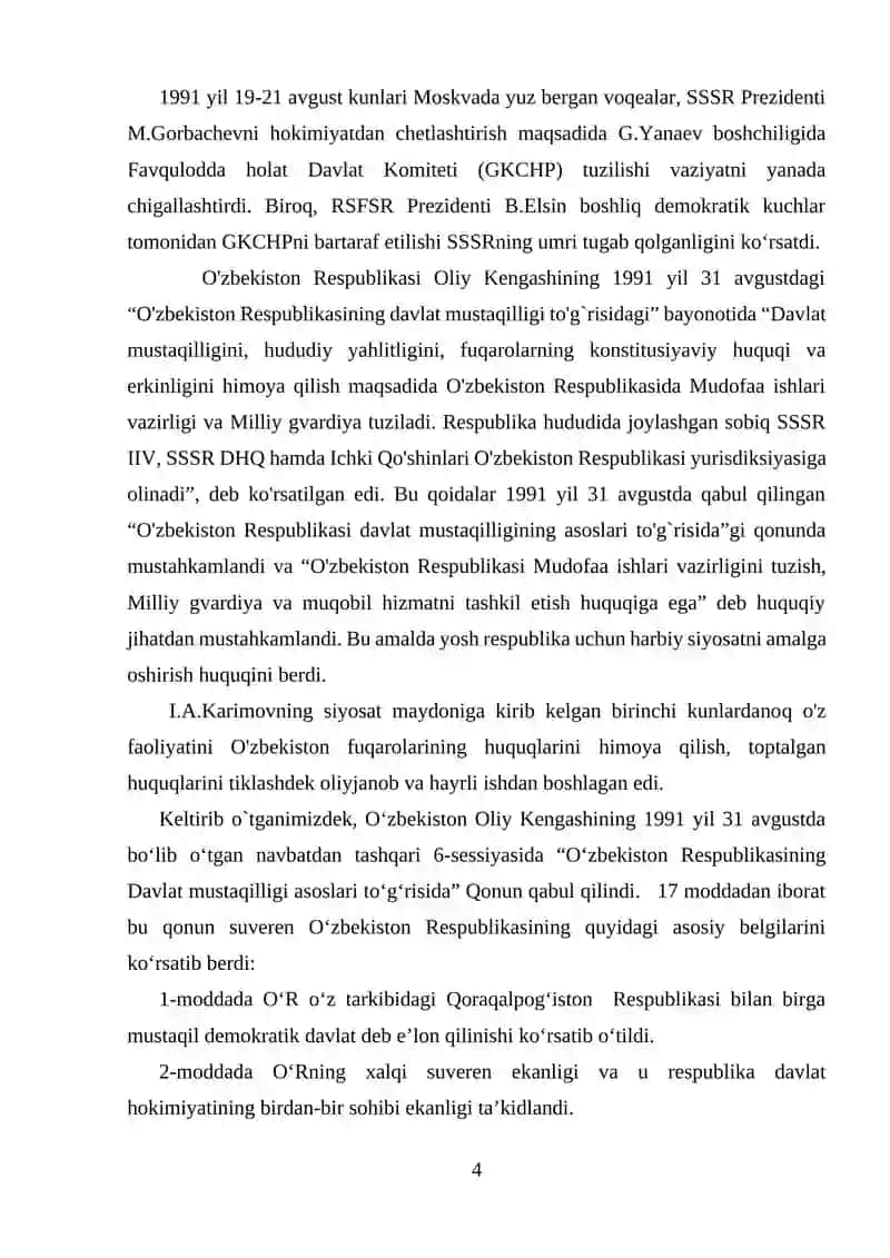 Mustaqil O‘zbekiston Respublikasining tashkil topishi va uning tarixiy ahamiyati 4