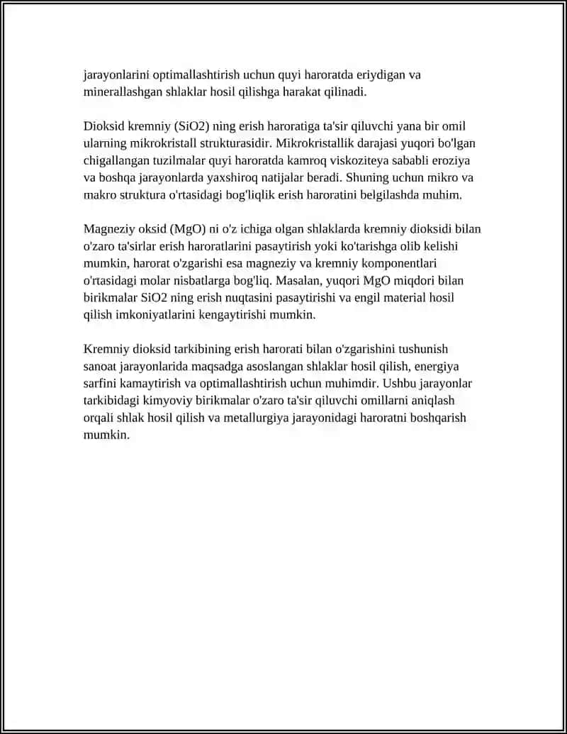 SHLAKDAGI DIOKSID KREMNIY TARKIBINI ERISH HARORATIGA BOG'LIQLIGI 4