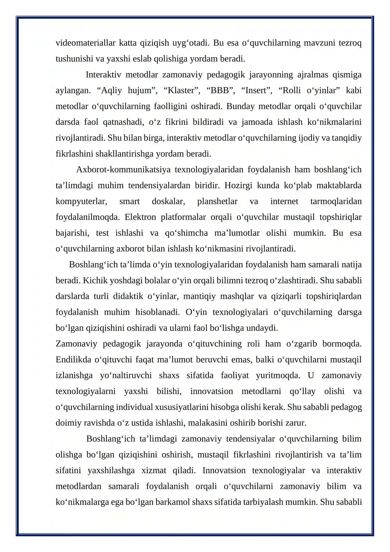 Boshlang'ich maktabda pedagogik jarayonning zamonaviy tendensiyalar va texnologiyalari mavzusida referat 4