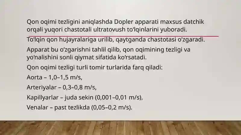DOPLER EFFEKTI. QON OQIMI TEZLIGINI ANIQLASH. YURAK QON TOMIRLARIDA BOSIMNING TAQSIMLANISHI 4