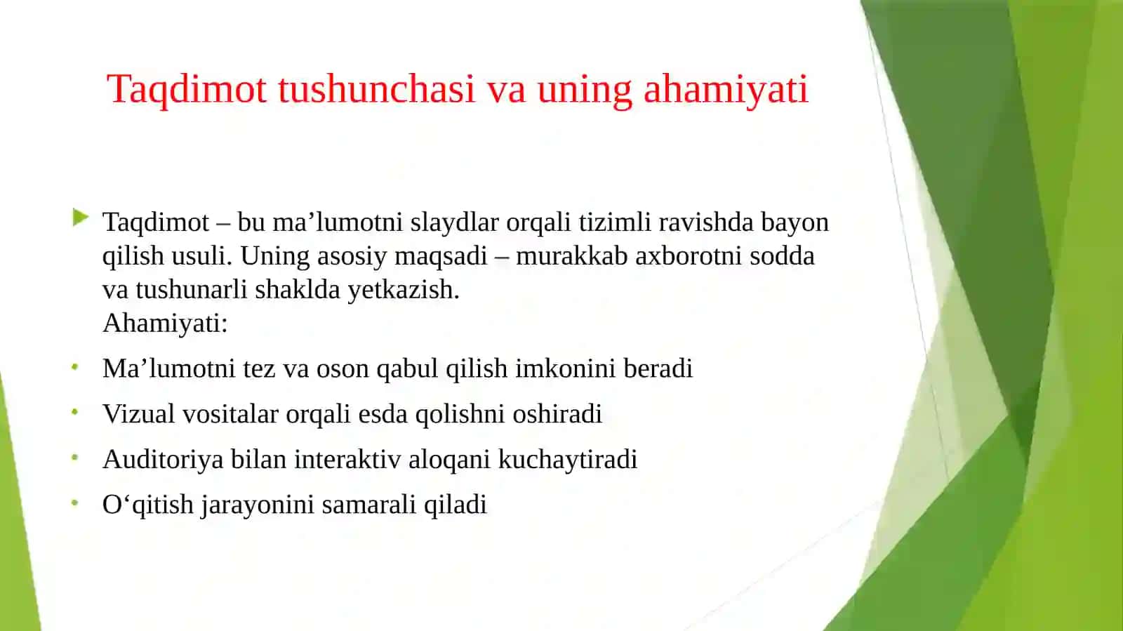 AXBOROTLARNI TAQDIMOT KO'RINISHIDA SHAKLLANTIRISH TEXNOLOGIYASI 4