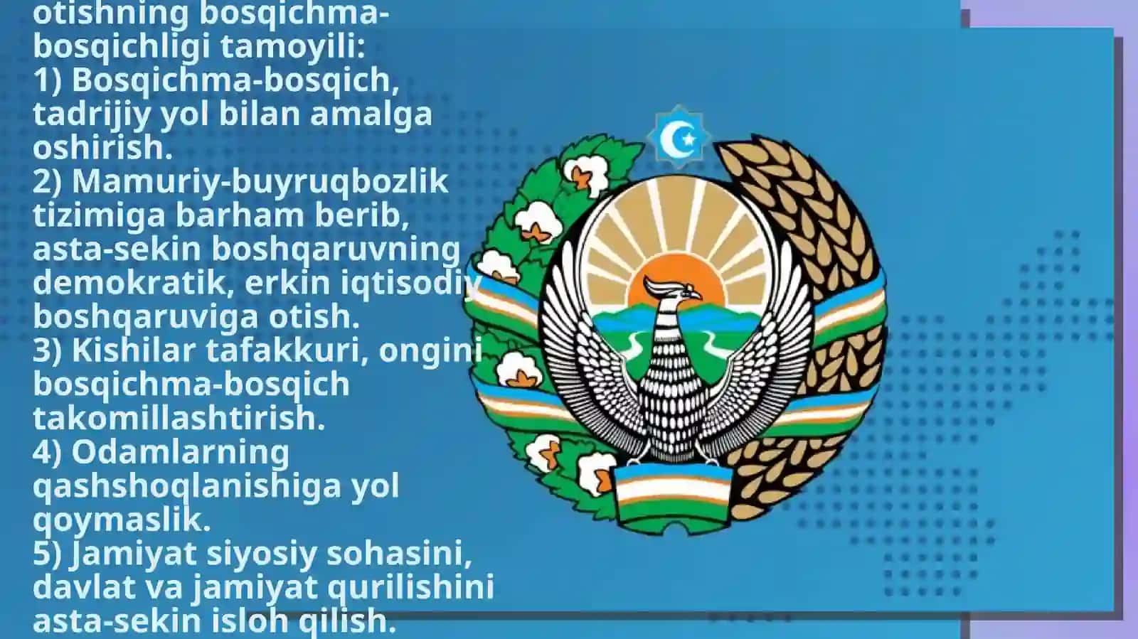 O’zbekistonning oziga xos taraqqiyot yo’lini tanlashi. Taraqqiyotning O’zbek modeli va uning o’ziga xos xususiyatlari 4
