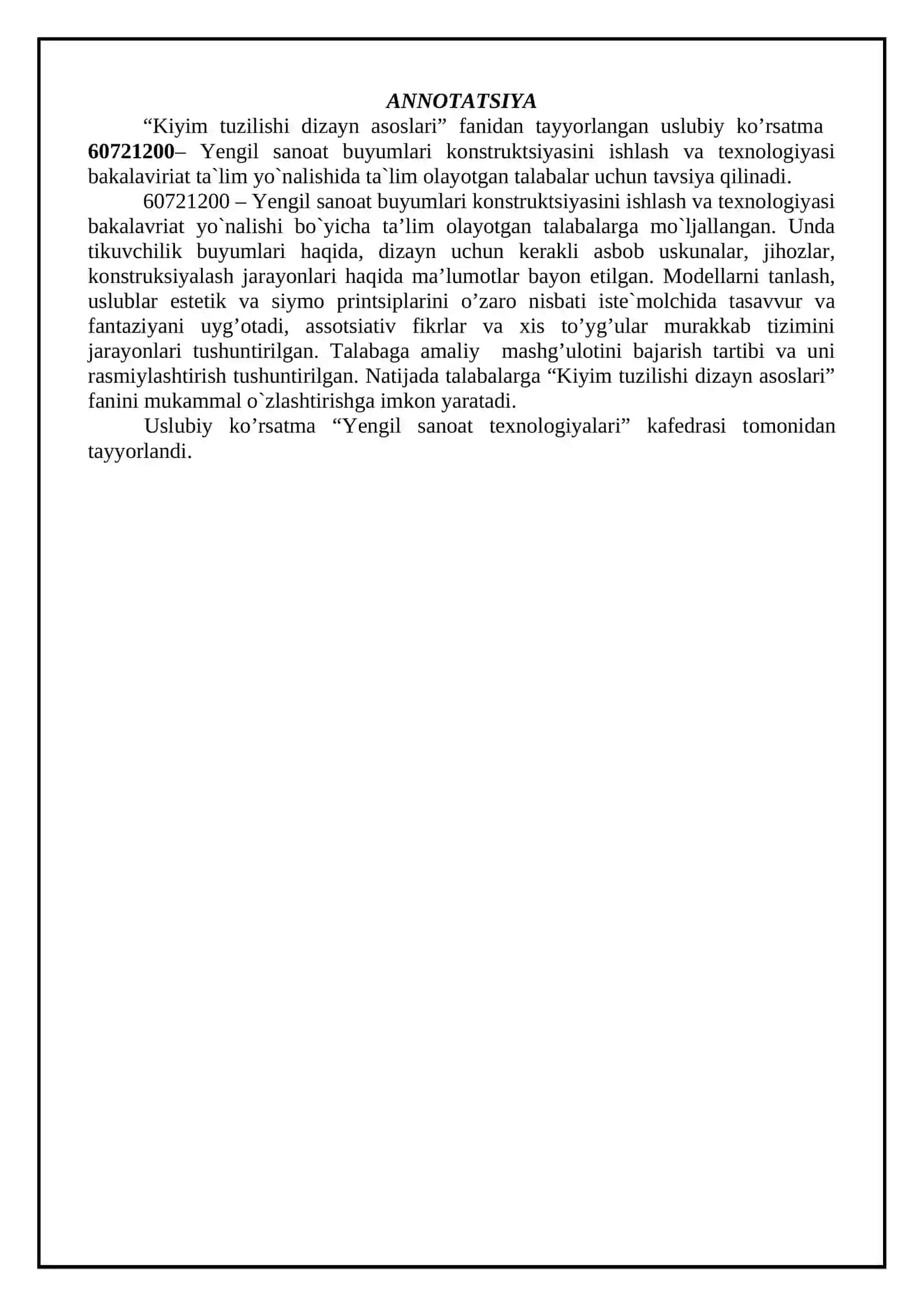 “Yengil sanоat buyimlari konstruktsiyasini ishlash va texnоlоgiyasi” ta’lim yo’nalishlari 4