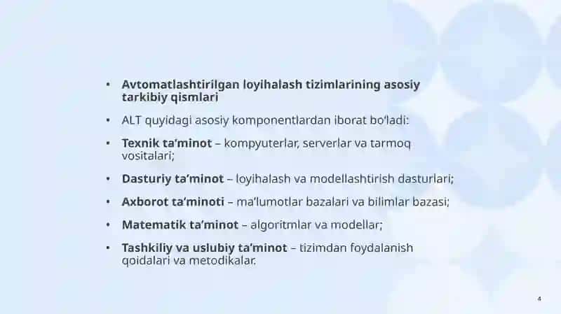 Avtomatlashtirilgan loyihalash tizimlari iqtisodiyot va korporativ boshqaruv sohalarda qo‘llash 4