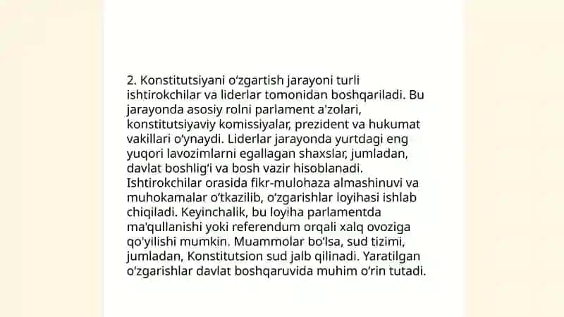 Yangi Tahrirdagi Oʻzbekiston Respublikasi Konstitutsiyasining umumxalq tomonidan qabul qilinishi (2023 y.30 aprel)va uning mazmuni 4