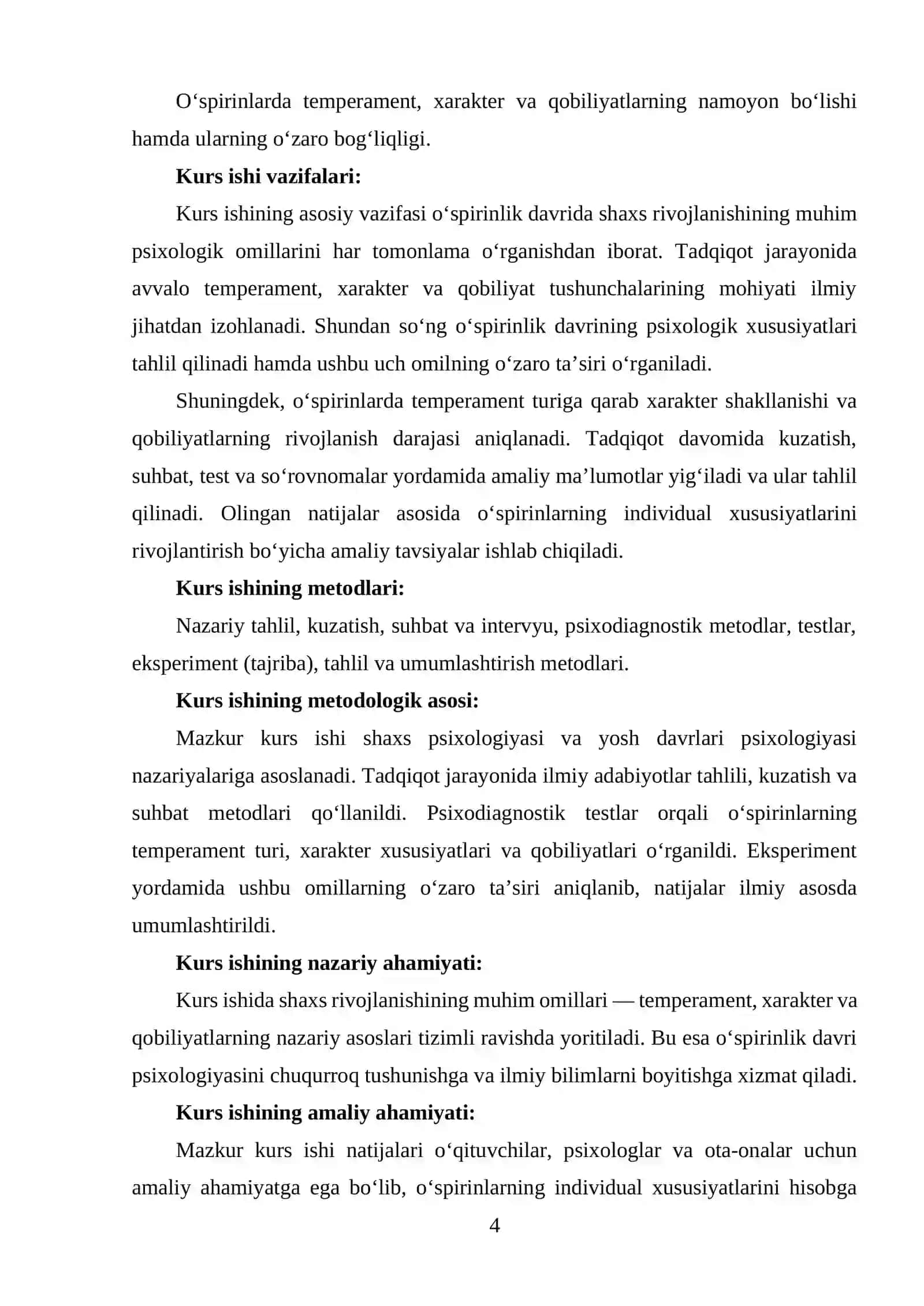 Yosh davrlarida shaxs rivojlanishida temperament,xarakter, va qobiliyatlarning oʻzaro taʼsiri. Oʻspirinlik davri misolida 4