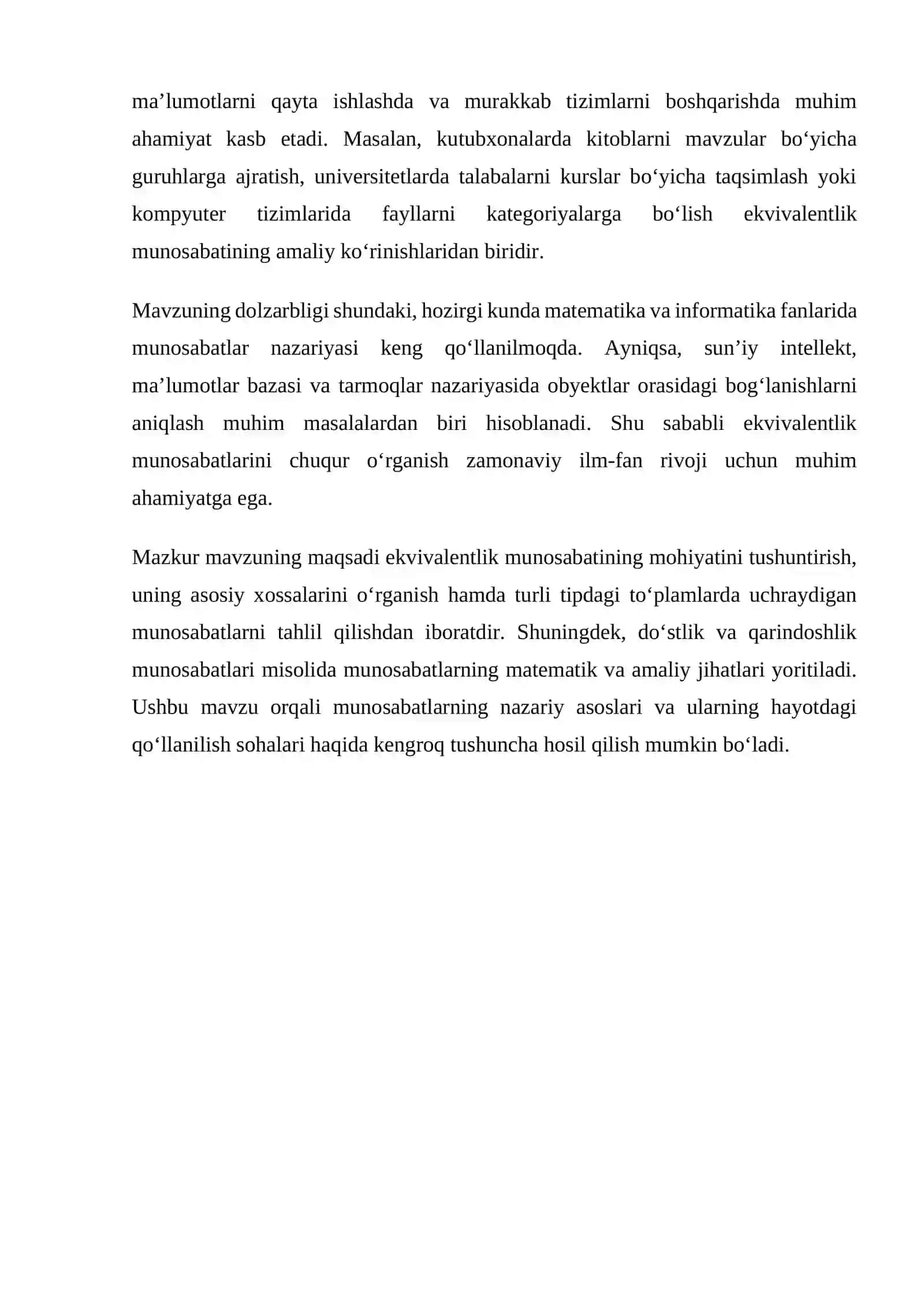 Ekvivalentlik munosabati. Turli tipdagi to‘plamlarda munosabatlar (do’stlik munosabati, qarindoshlik munosabati). 4