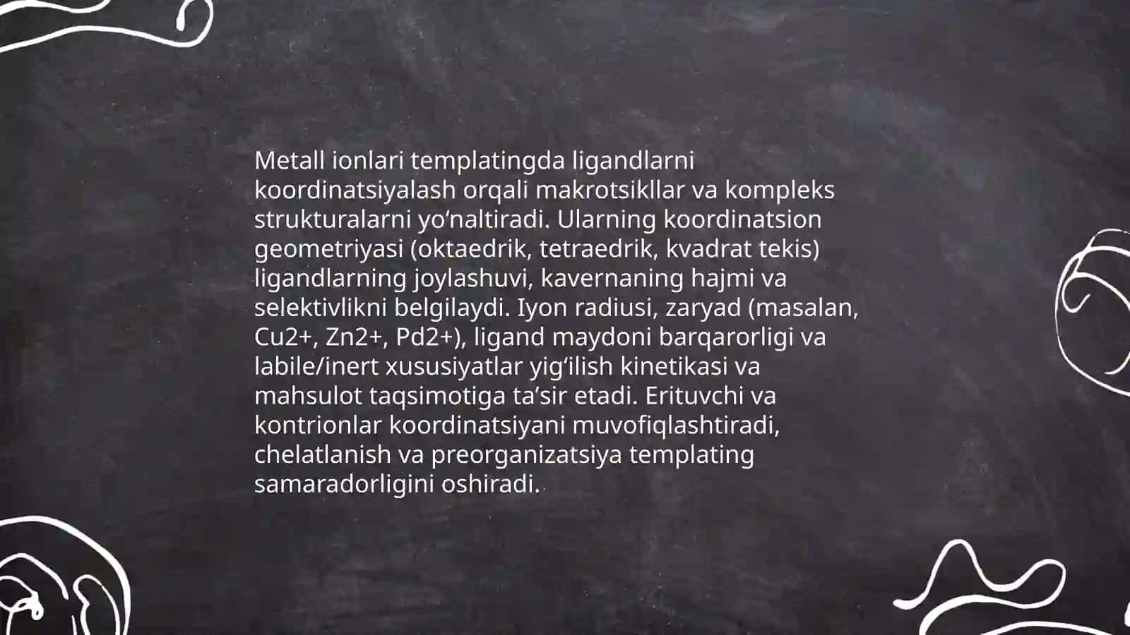 Templat sintez mohiyati.Erituvchi tabiati va kompleks birikmalarning eruvchanligi 4