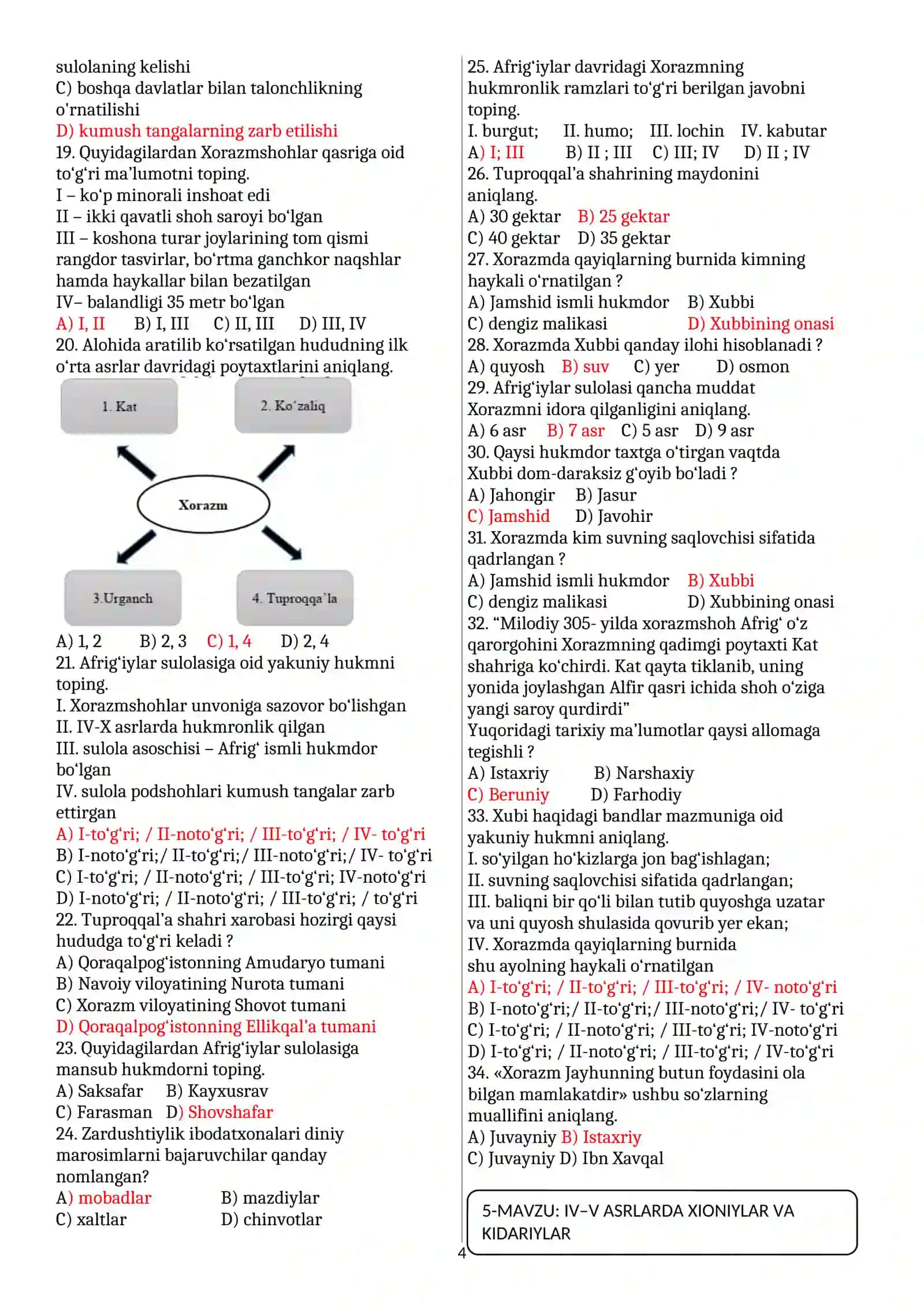 7 - sinf Oʻzbekiston tarixi mavzulashtirilgan test 4